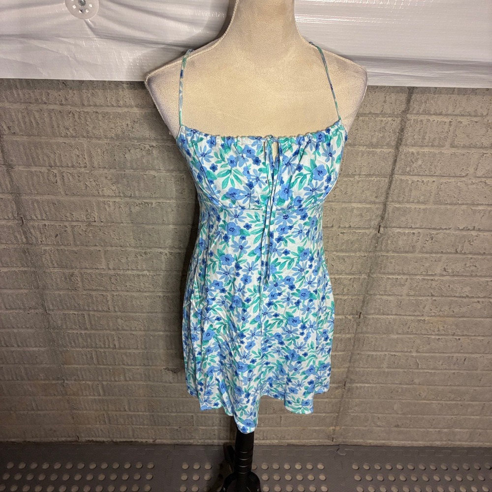 Forever 21 Blue Floral Mini Dress Smocked Back Spaghetti Strap Small
